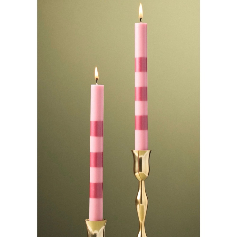 Anthropologie Pink Mauve Striped Taper Candles Set of 2 9.8 Inch 7 Hour Burn